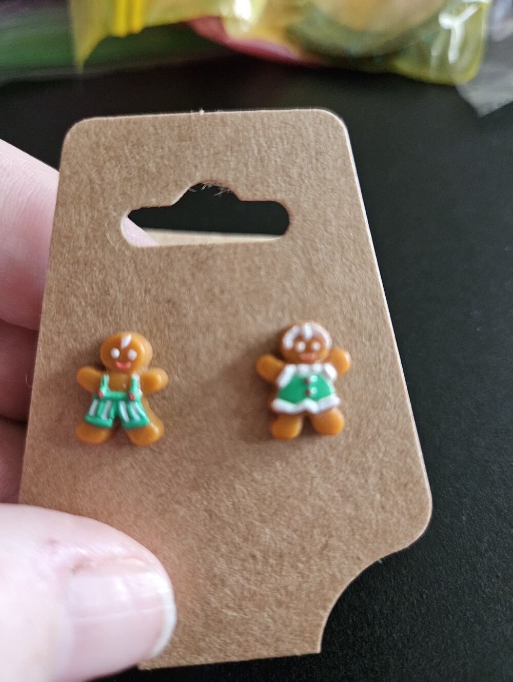 Gingerbread Kids Stud Earrings - Brown with Green Outfit